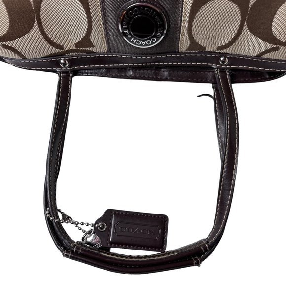 Coach Khaki and Mahogany Stripe Signature Kisslock Carryall Bag F19190 - Picture 8 of 13